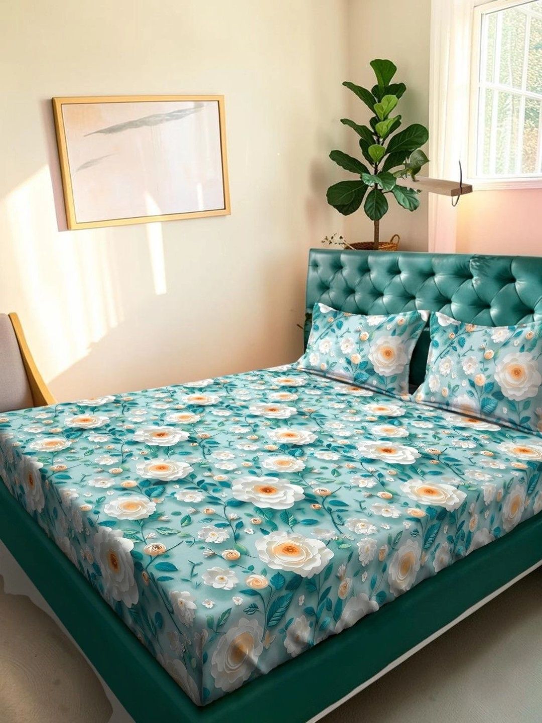 Moda Rapido X KLOTTHE Turquoise Biru & Putih Bunga 300 TC Cadar King dengan 2 Sarung Bantal