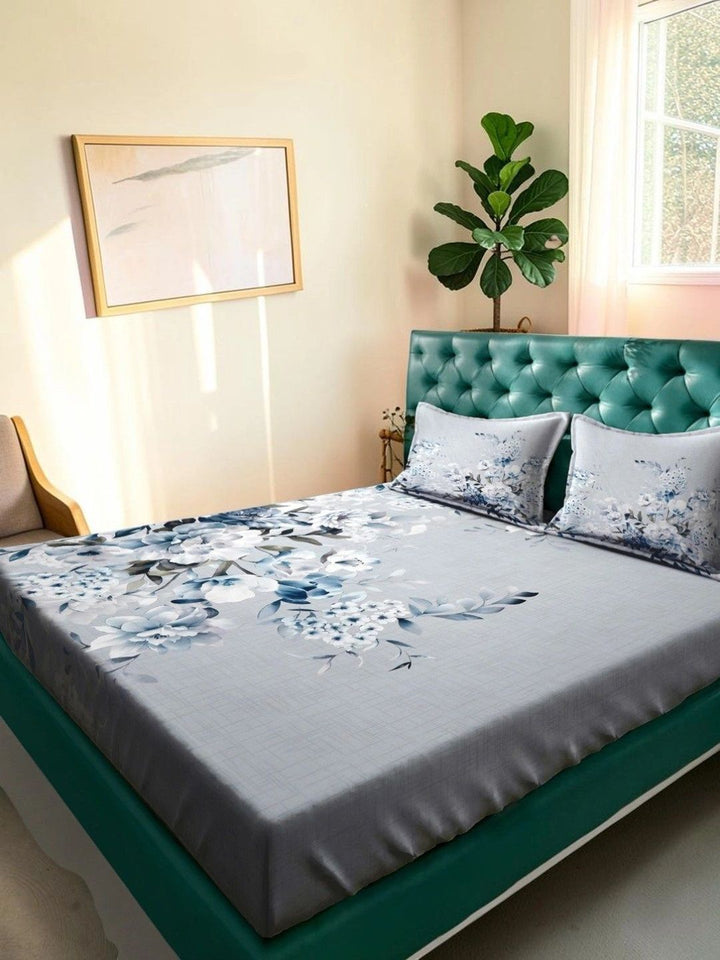 Moda Rapido X KLOTTHE Grey & Blue Floral 400 TC Bedsheet with 2 Pillow Covers