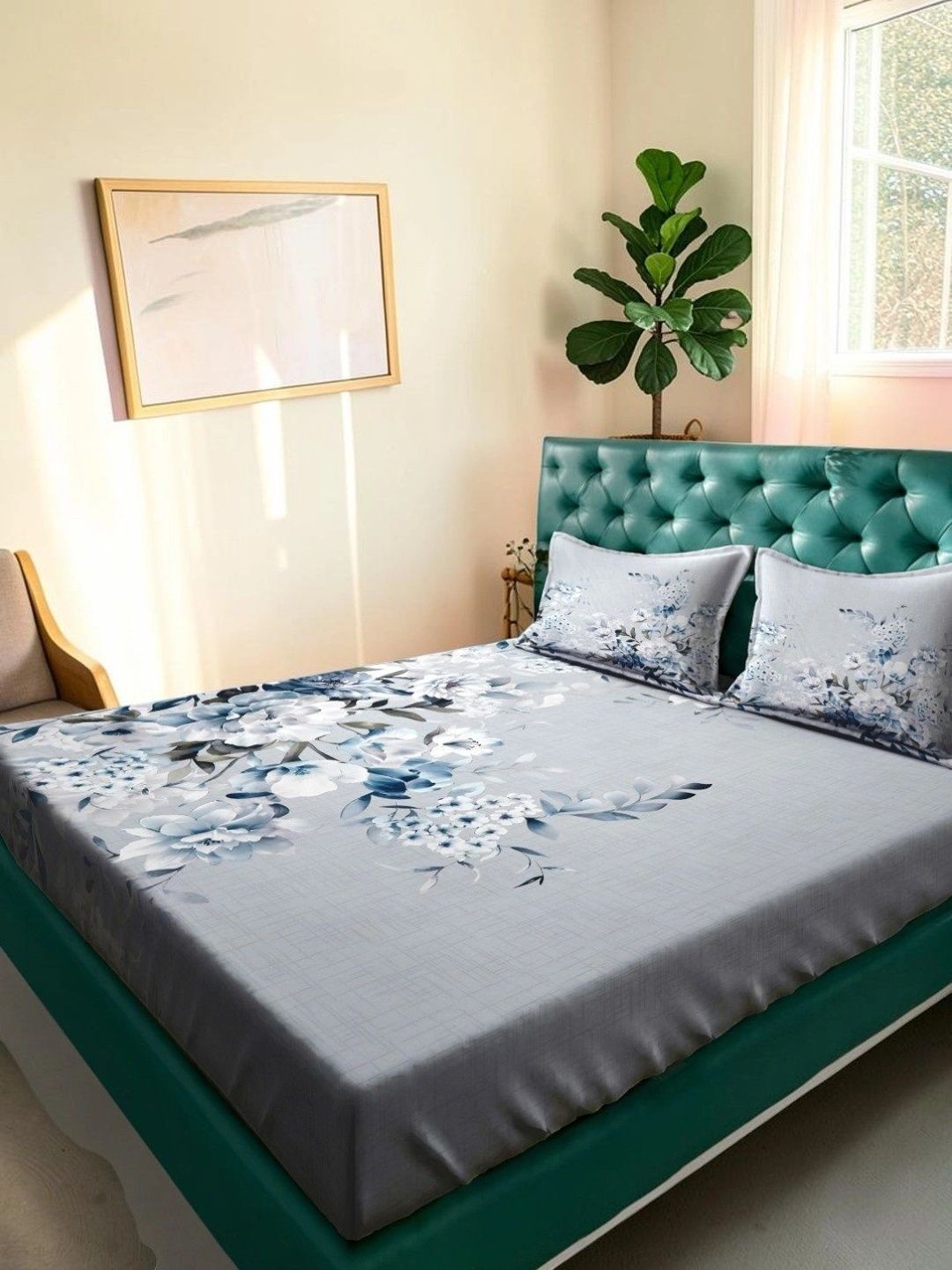 Moda Rapido X KLOTTHE Grey & Blue Floral 400 TC Bedsheet with 2 Pillow Covers