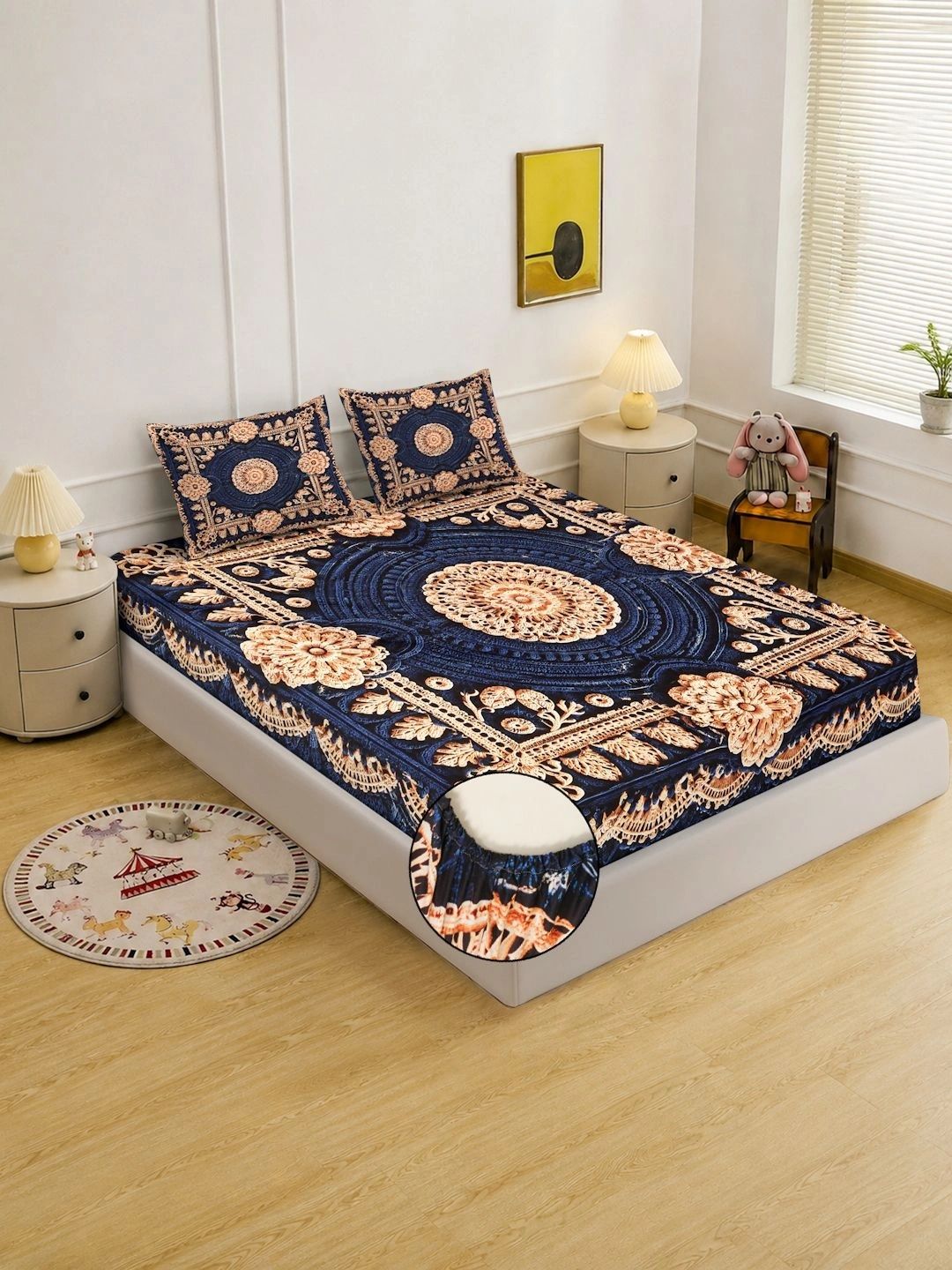 Moda Rapido X KLOTTHE Blue & Black Floral 400 TC King Bedsheet with 2 Pillow Covers