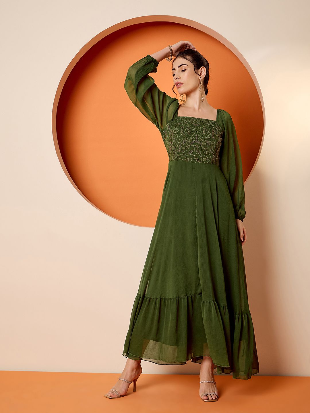 Antheaa women Square Neck Embellished maxi dress