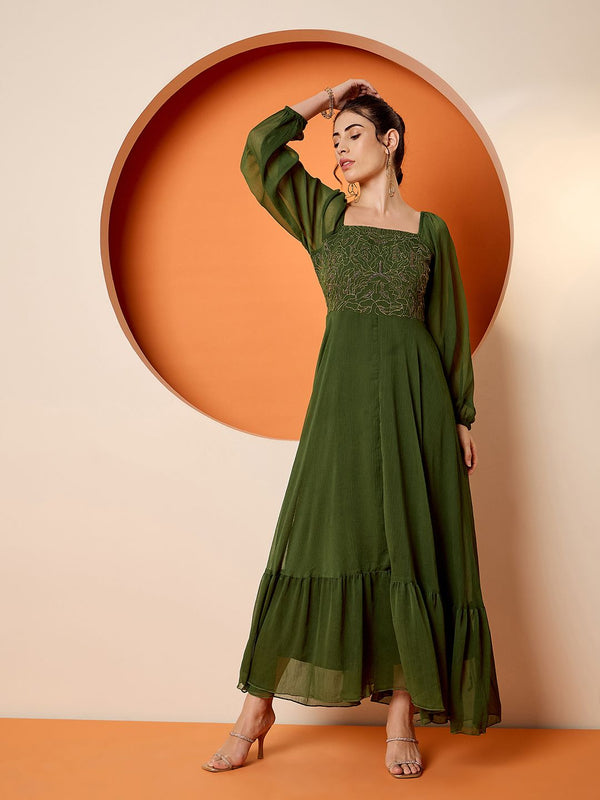 Antheaa women Square Neck Embellished maxi dress