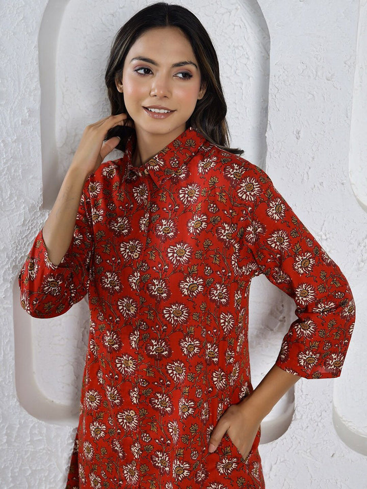 SANSKRUTIHOMES Red & White Floral Printed Pure Cotton Night Suit