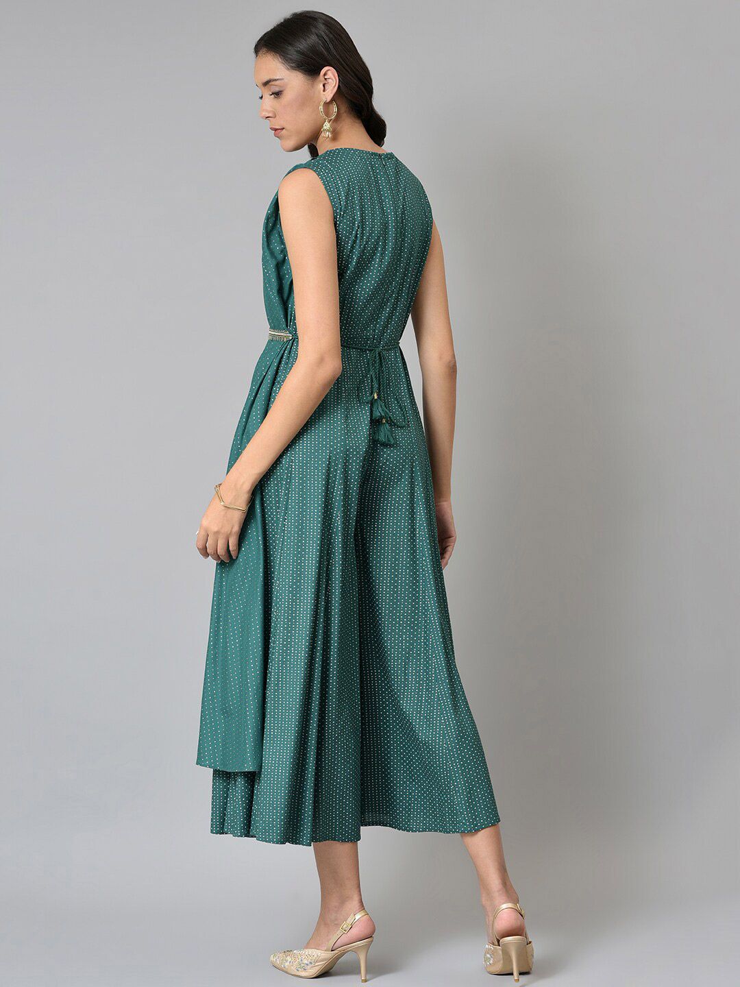 W Women Green Gilet Kimono Jumpsuit With Embellished Belt