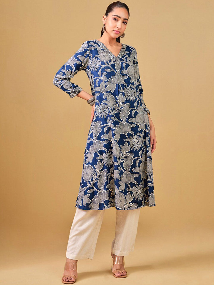 Global Desi Floral Printed V-Neck A-Line Kurta