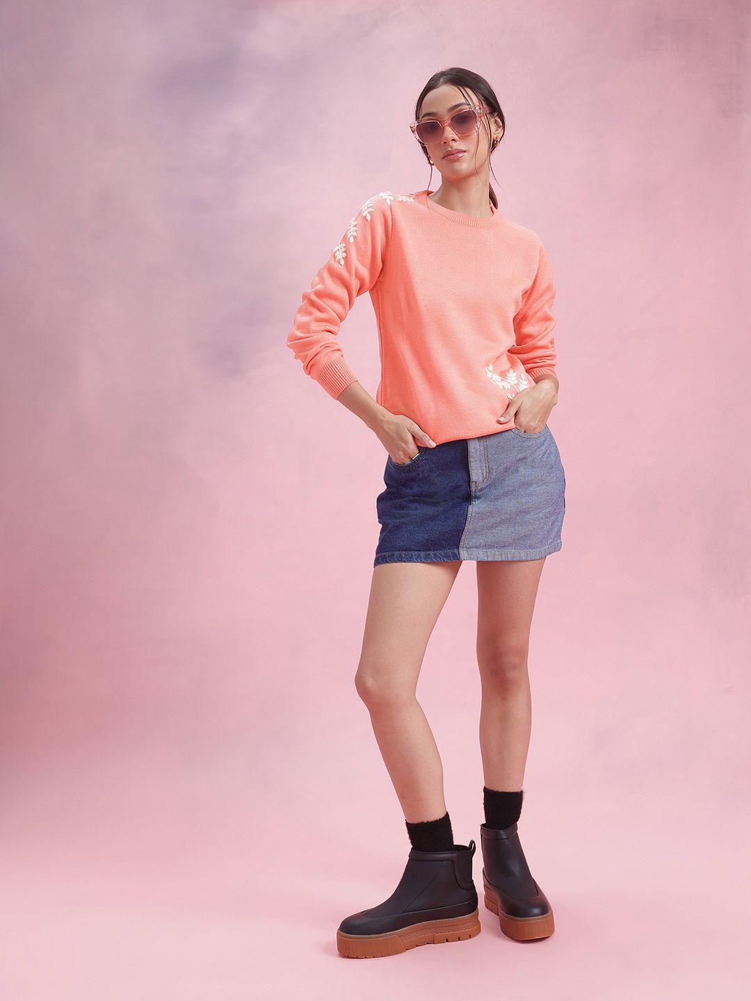 DressBerry Solid Pullover with Floral Embroidered Detail