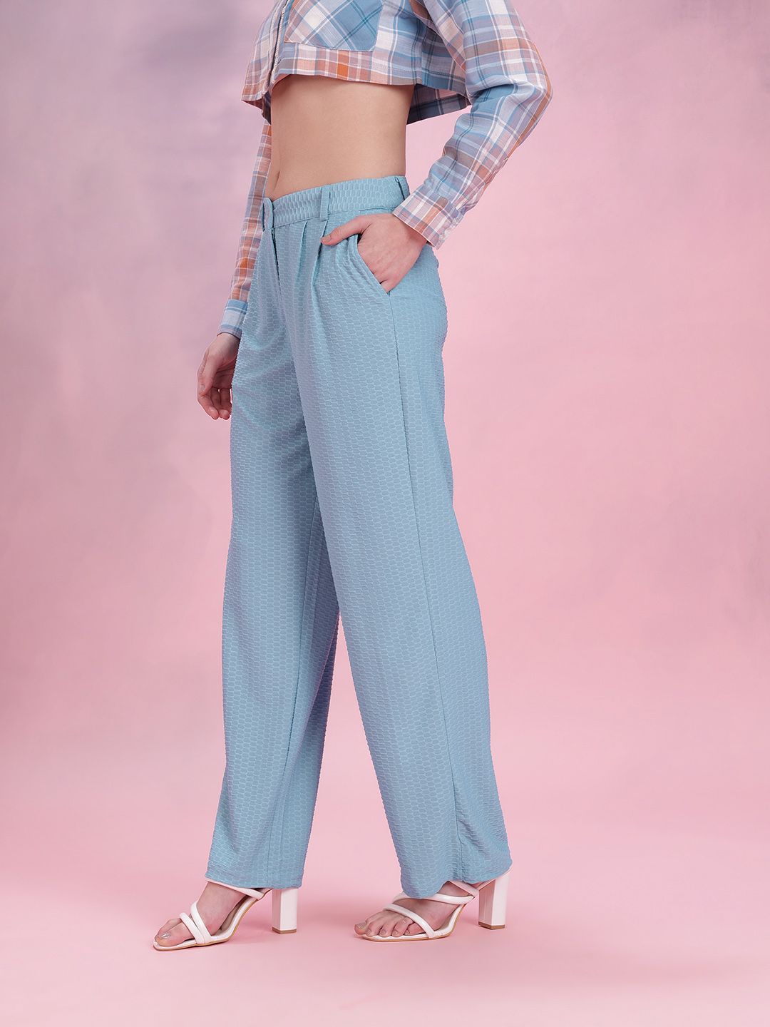 DressBerry Women Geometric Textured Pleated Detail Flared Fit Wide Leg Trousers