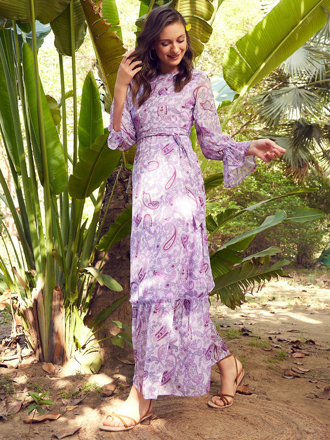STREET 9 Lavender Floral Printed Puff Sleeves Tiered Maxi Dress With Belt