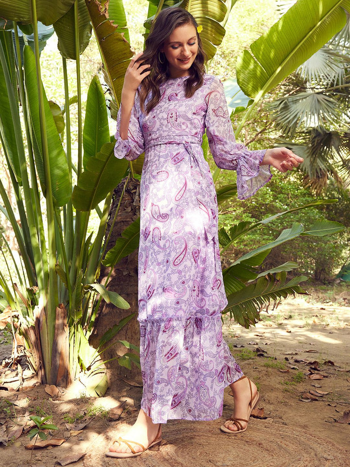 STREET 9 Lavender Floral Printed Puff Sleeves Tiered Maxi Dress With Belt