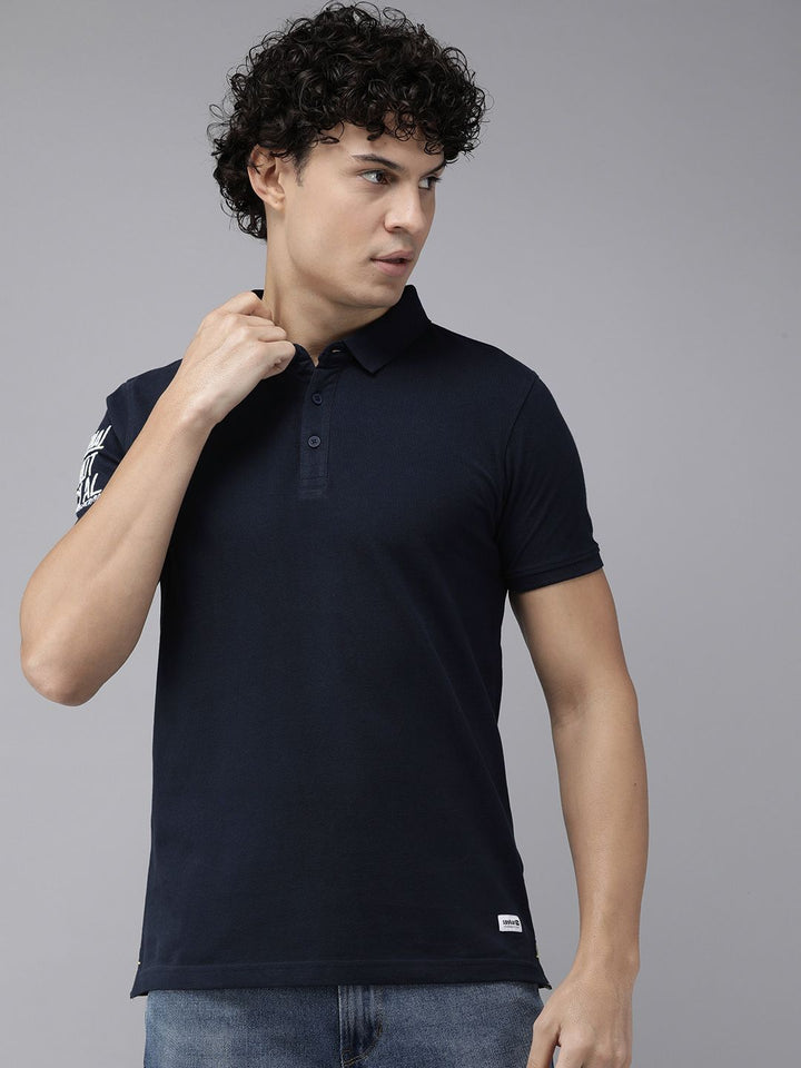 SPYKAR Men Polo Collar Indigo Pure Cotton Slim Fit T-shirt With Minimal Embroidered Detail