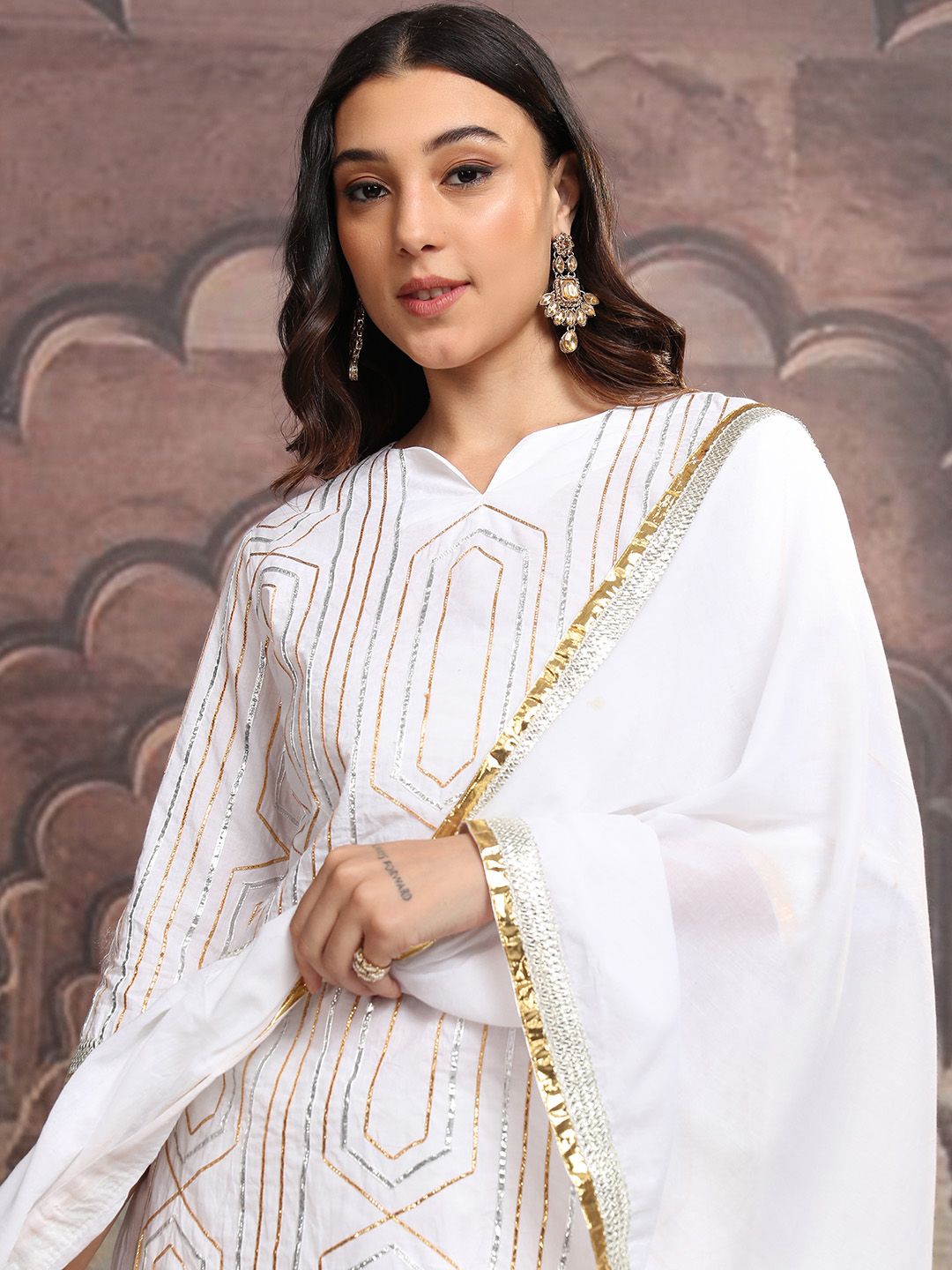 Vishudh White & Gold Embroidered Gotta Patti Pure Cotton Kurta with Trousers & Dupatta