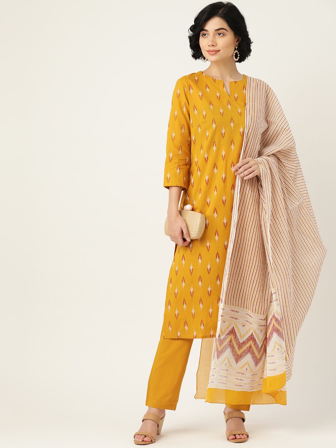all about you Women Mustard Yellow Pure Cotton Ikat Print Kurta with Trousers & Dupatta