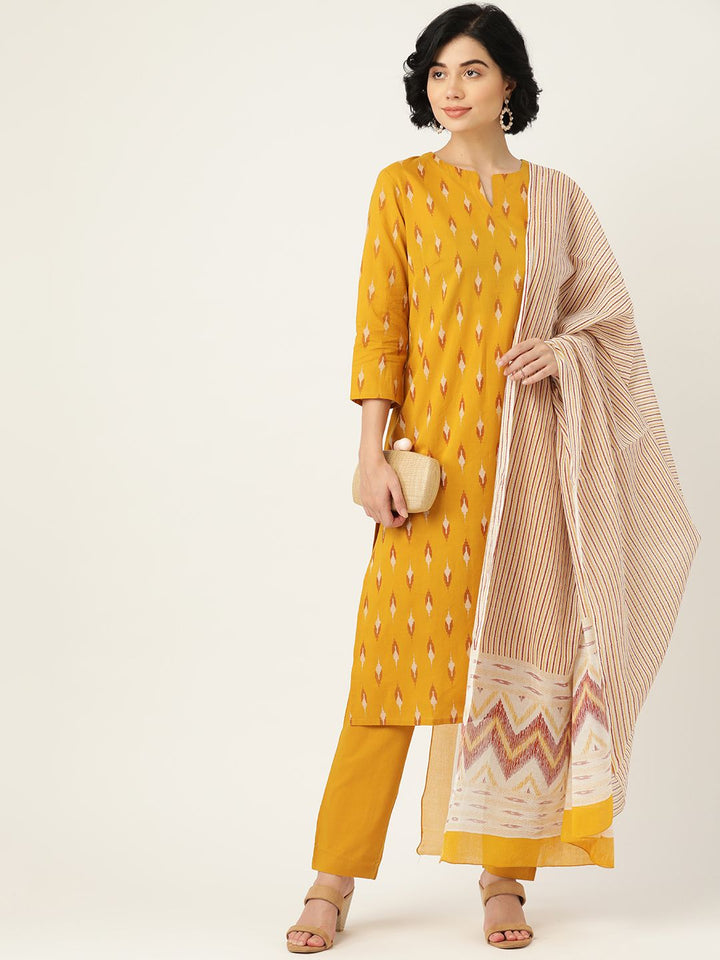 all about you Women Mustard Yellow Pure Cotton Ikat Print Kurta with Trousers & Dupatta