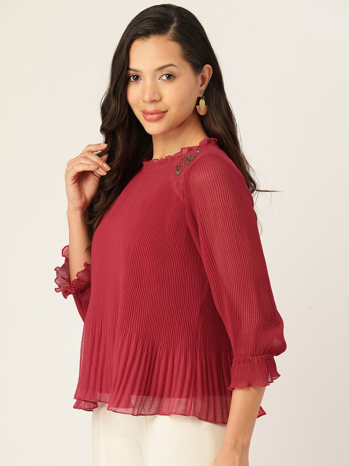Antheaa Embellished Pleated Chiffon A-Line Top