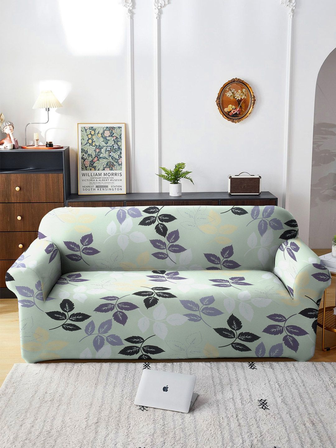 Cortina Olive Green & Black Nature Printed 3- Seater Sofa Cover