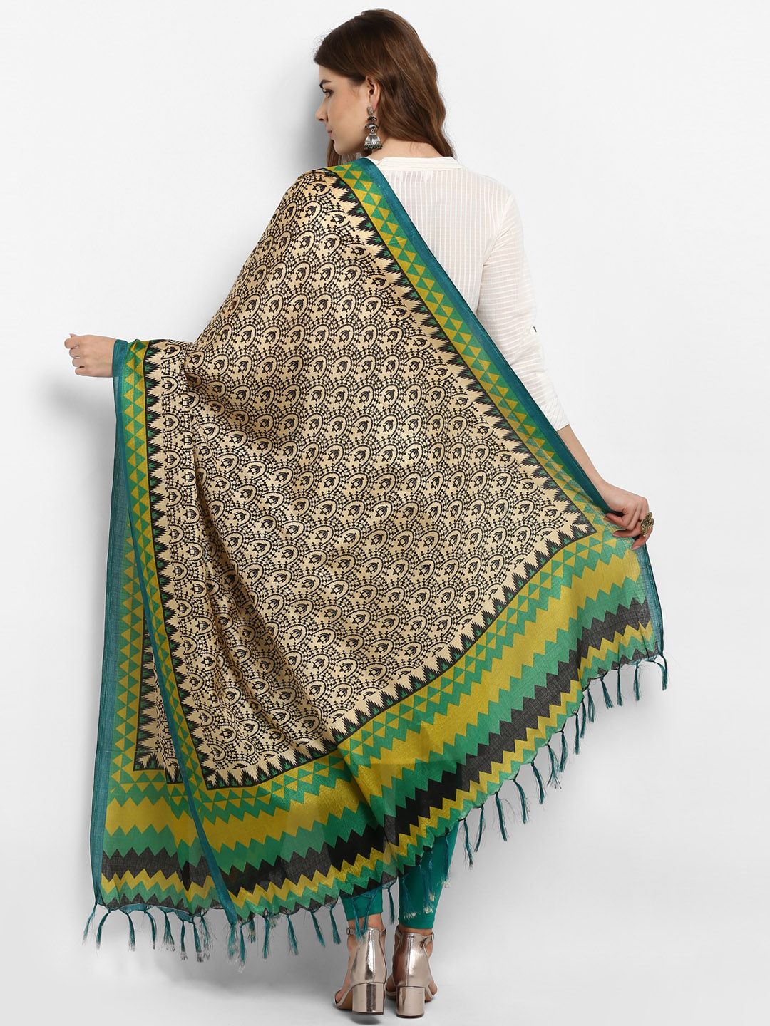 Saree mall Cream-Coloured & Green Printed Dupatta