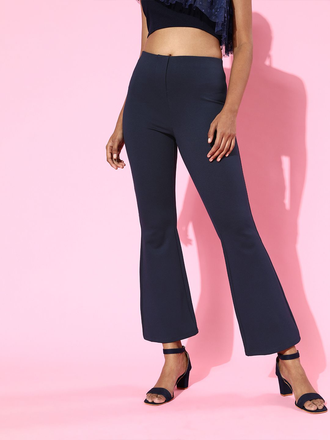 SASSAFRAS Women Navy Blue High-Rise Graduated Flare Trousers