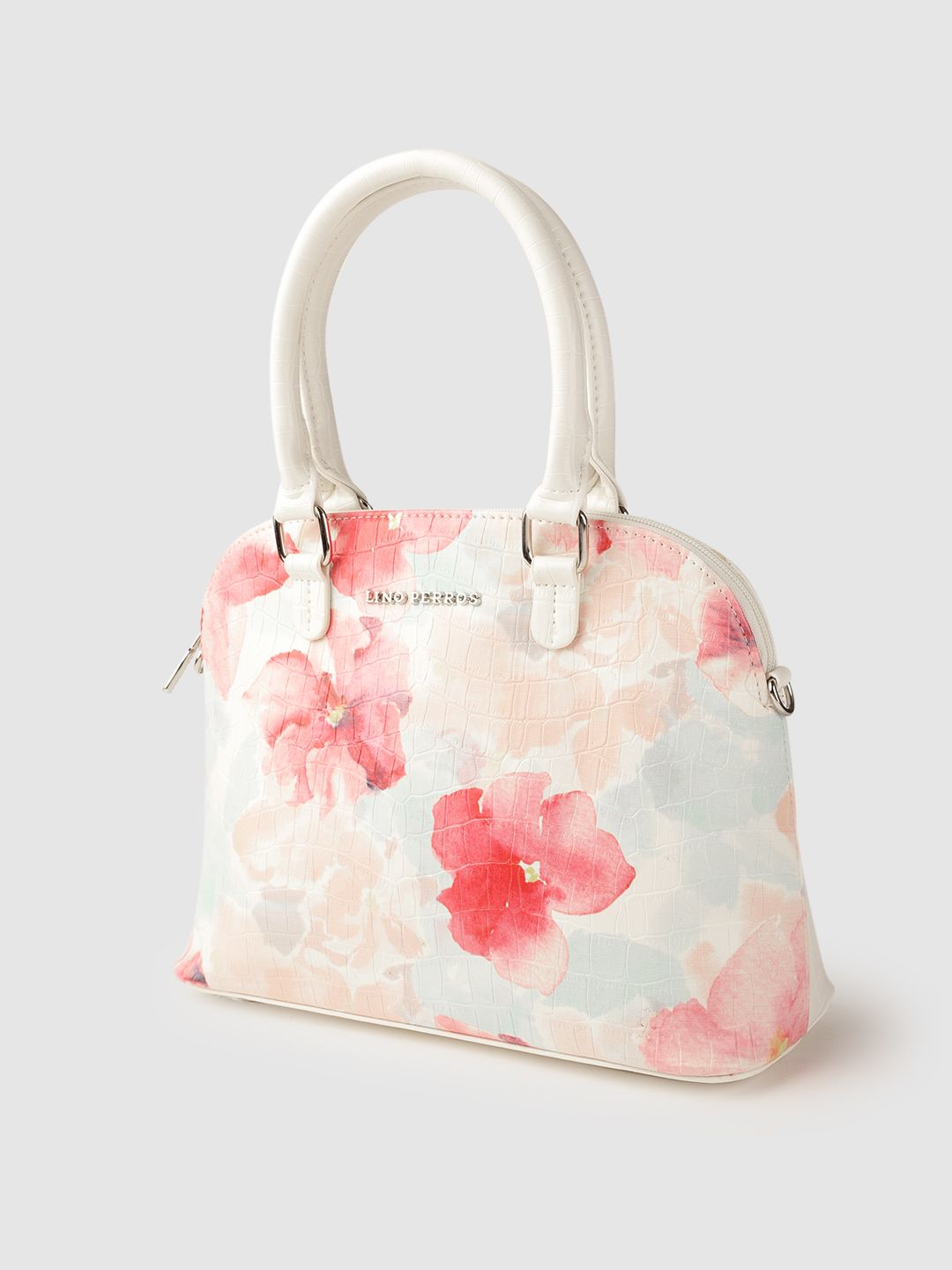 Lino Perros Pink & Off White Floral Printed PU Structured Handheld Bag