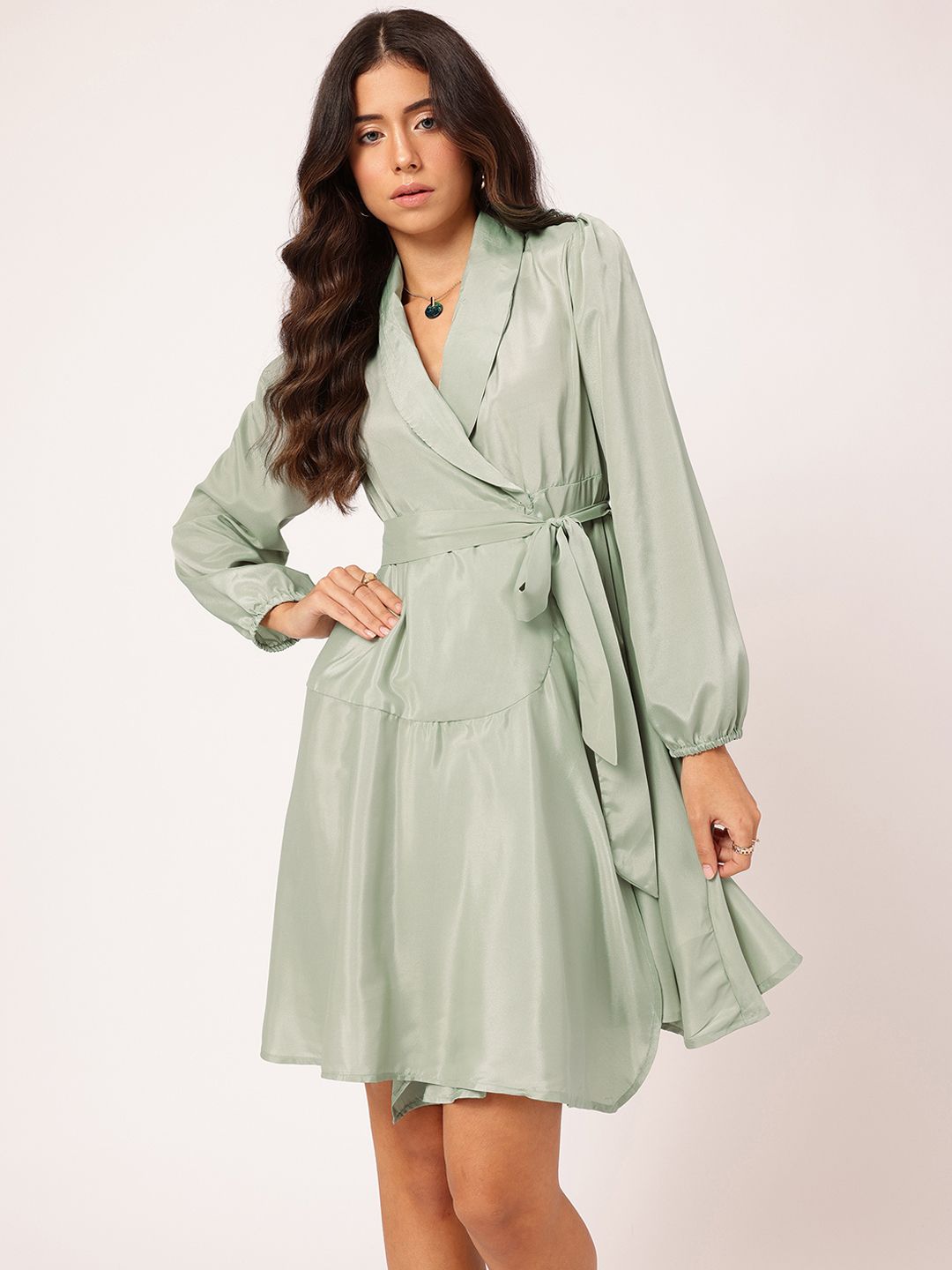DressBerry Effortless Charm Shawl Collar Belted Wrap Tiered Mini Dress