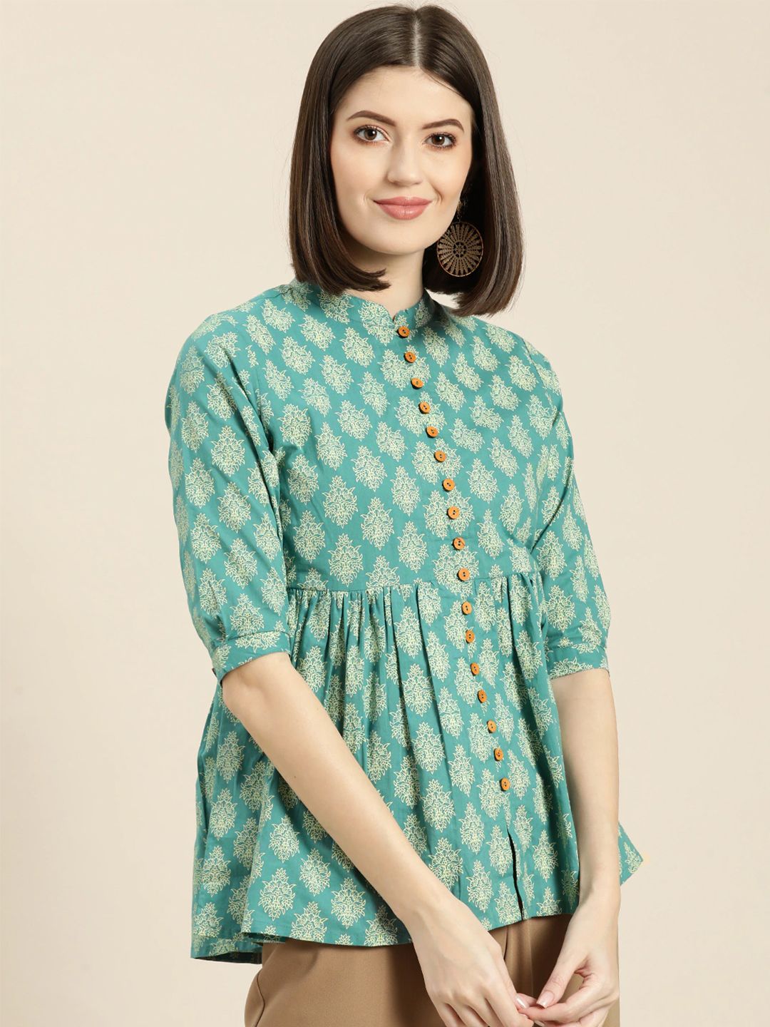 Shae by SASSAFRAS Women Teal Blue &amp; Off-White Printed A-Line Pure Cotton Top