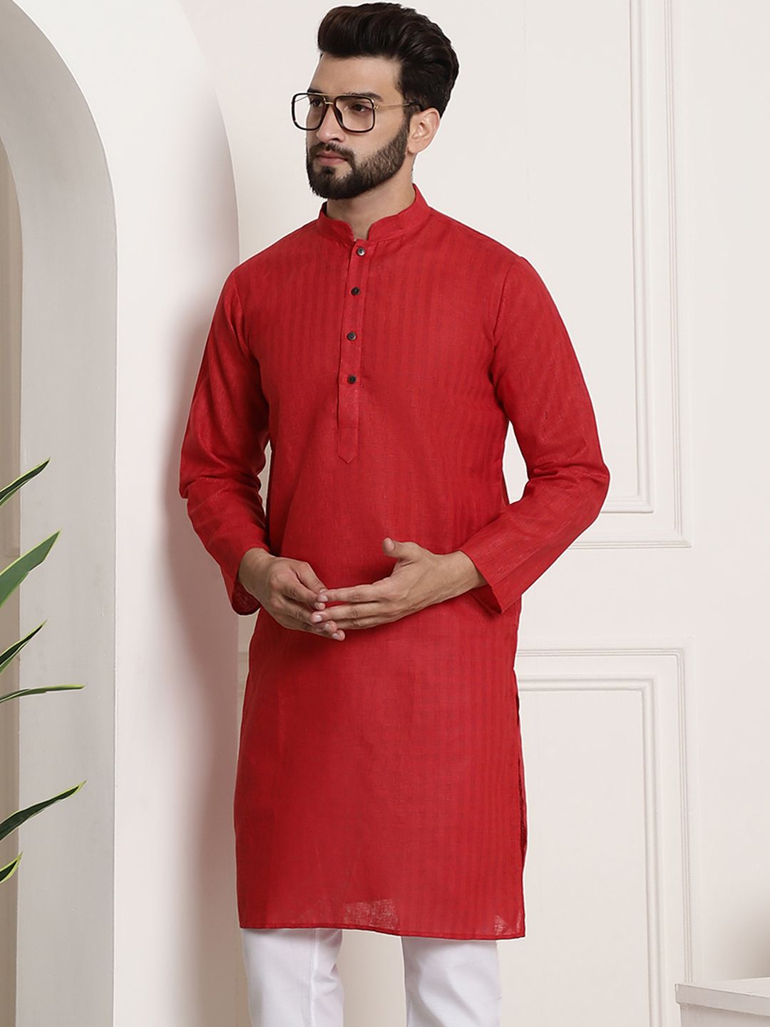 SOJANYA Lelaki Red Checked Straight Kurta