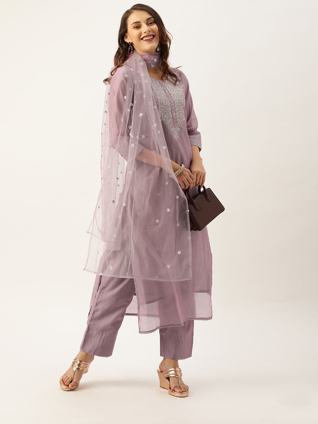 Varanga Mauve Floral Zari Yoke Design Chanderi Silk Kurta with Trousers & Sequin Dupatta