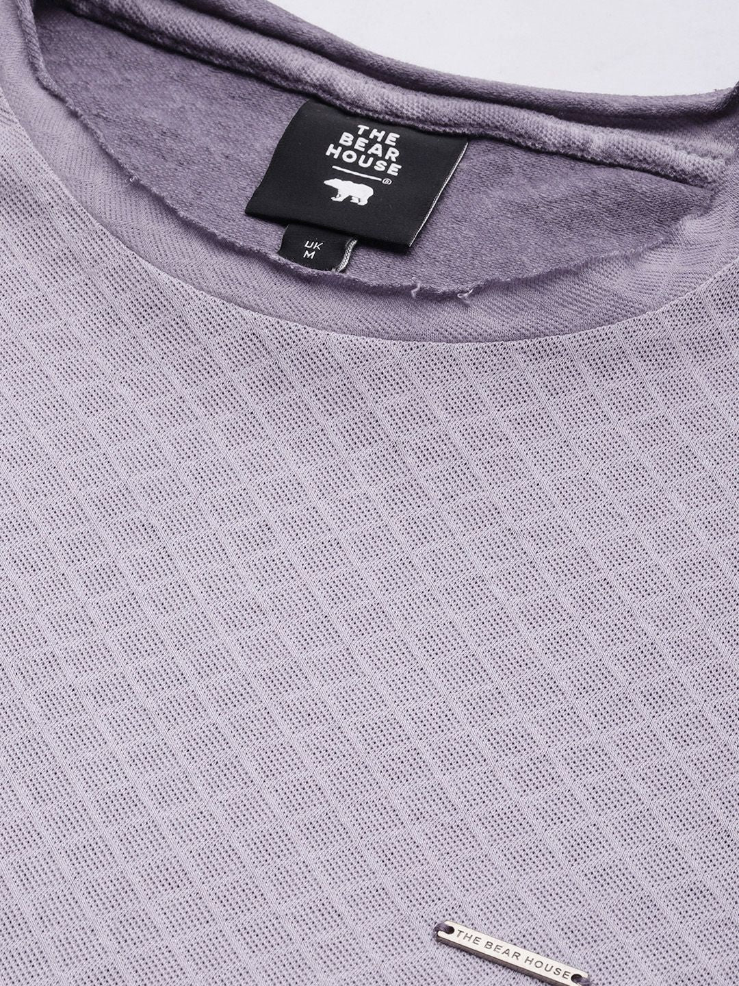 THE BEAR HOUSE Men Lavender Self Design Pure Cotton Slim Fit T-shirt