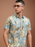HIGHLANDER Men Blue Slim Fit Tropical Cotton Printed Casual Shirt