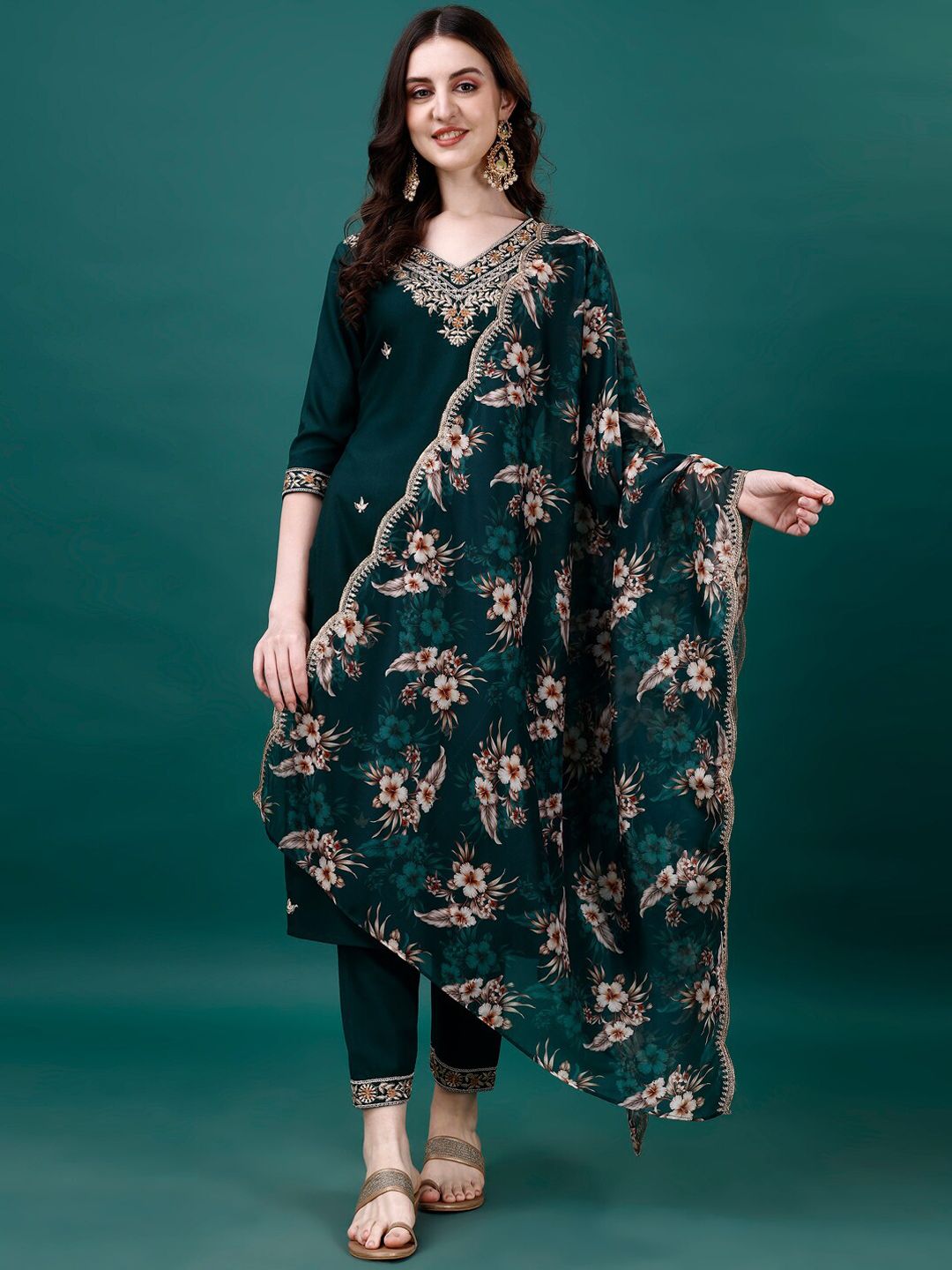 KALINI Floral Embroidered Sequinned Kurta & Trousers With Dupatta