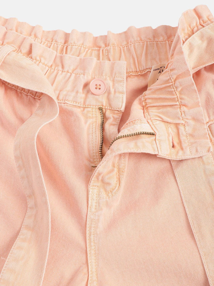 YK Girls Peach-Coloured Pure Cotton High-Rise Denim Culottes