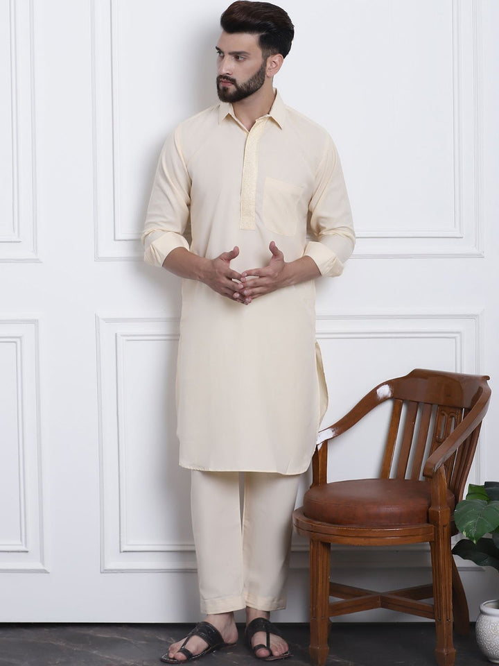 SOJANYA Shirt Collar Curved Hem Pathani Kurta with Salwar