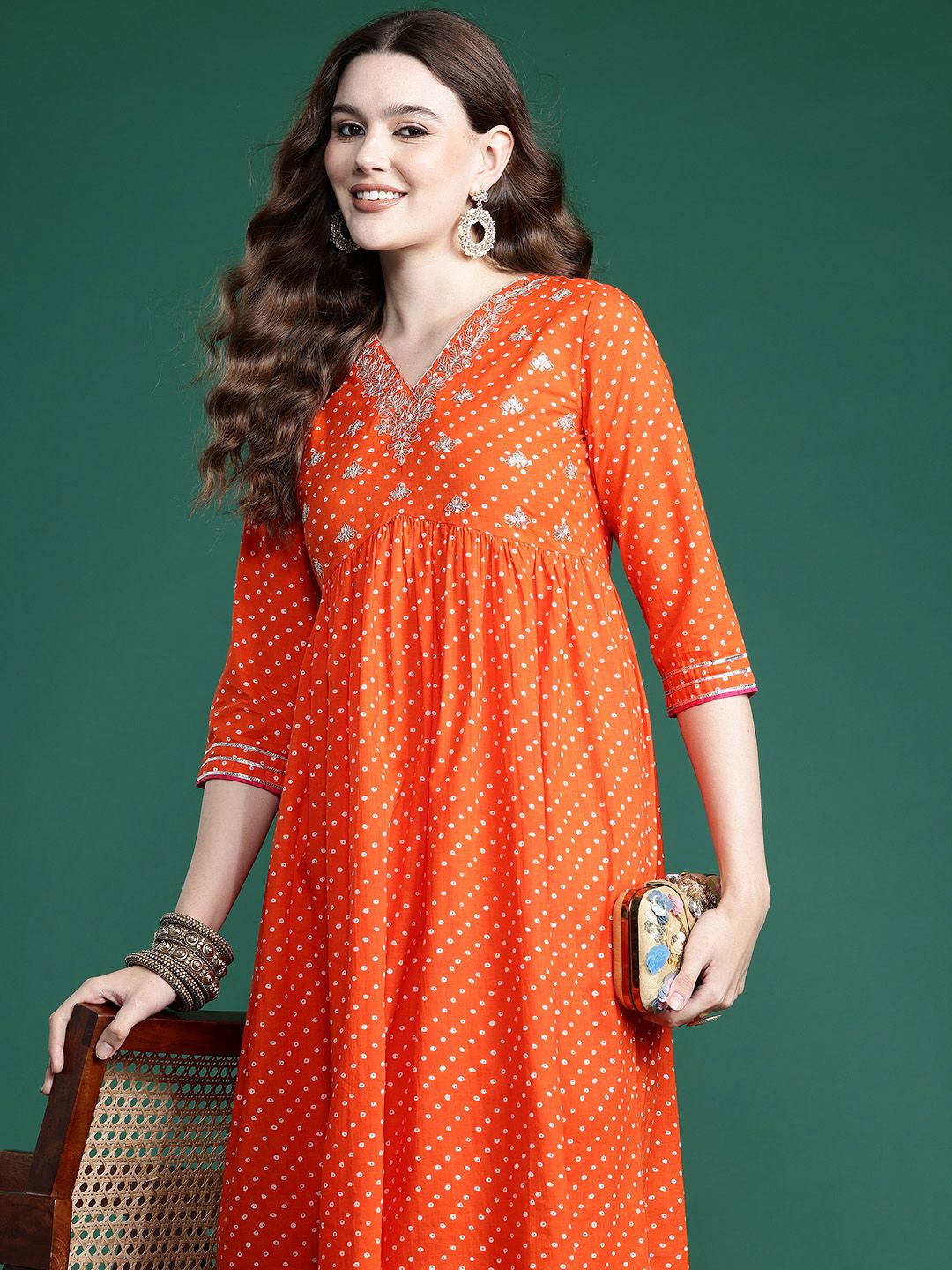 Indo Era Bandhani Embroidered Empire Pure Cotton Kurta with Trousers