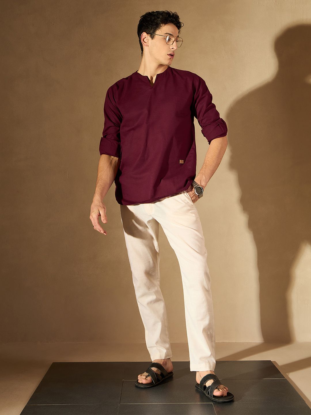 DENNISON Men Maroon Solid Straight Pure Cotton Short Kurta