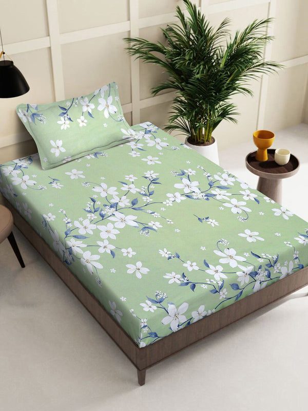 KLOTTHE Green Printed 400 TC Pure Cotton Bedsheet with Pillow Cover