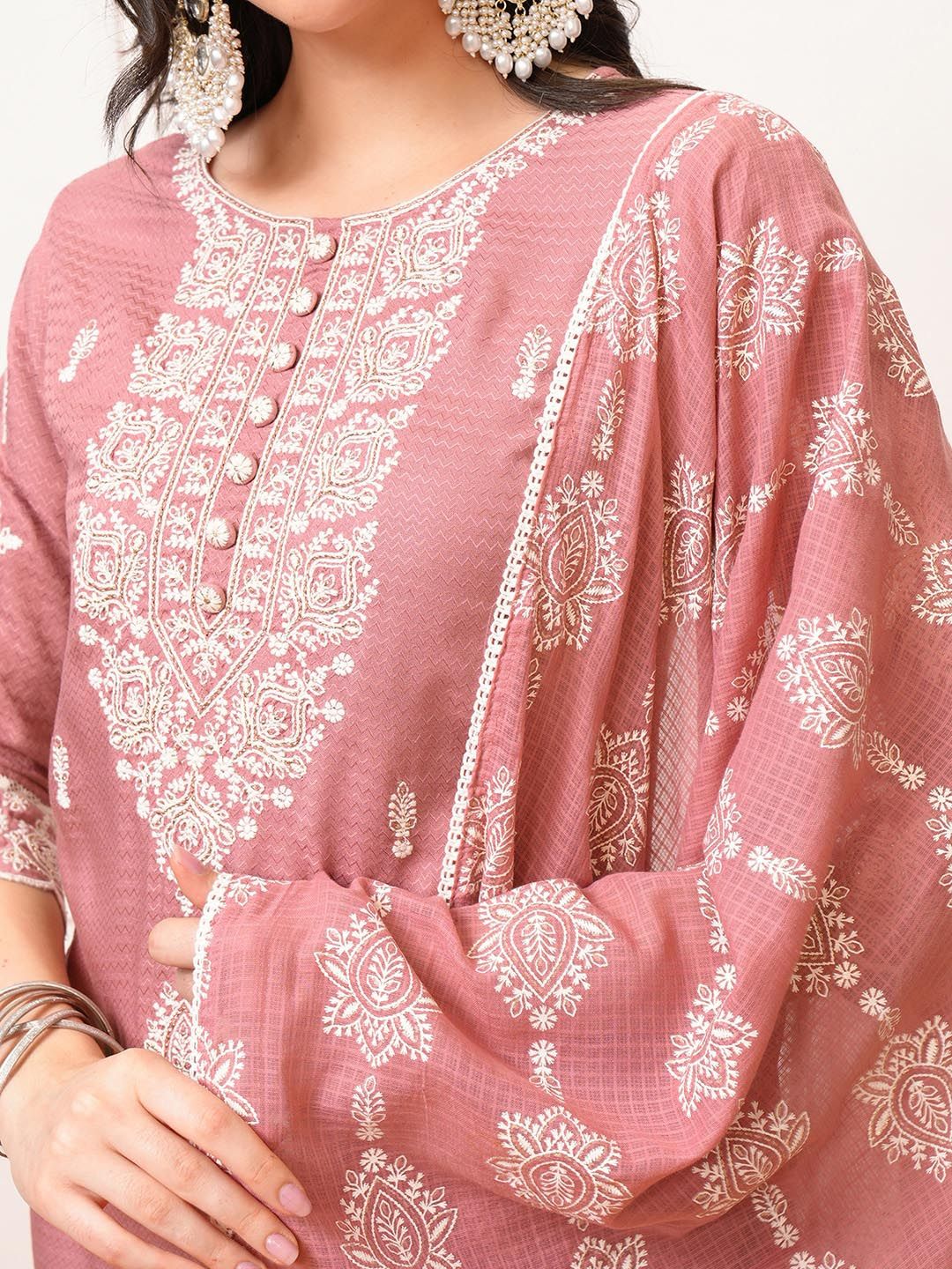 Vishudh Rose Ethnic Motifs Embroidered Regular Kurta with Trouser & Dupatta