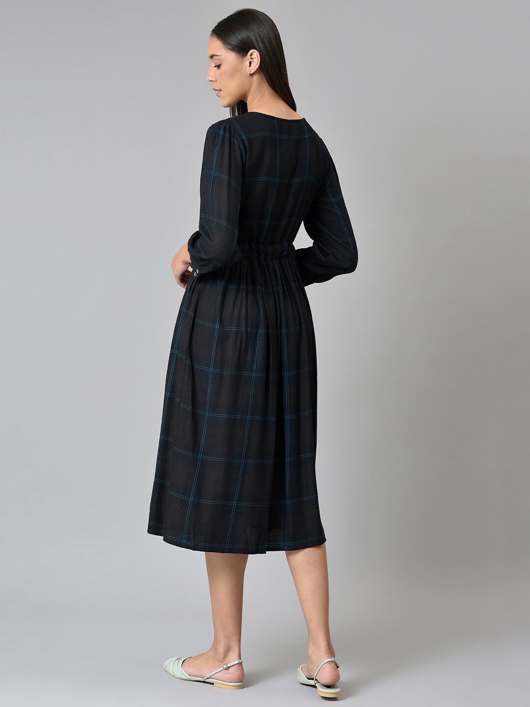 W Black Checked A-Line Midi Dress