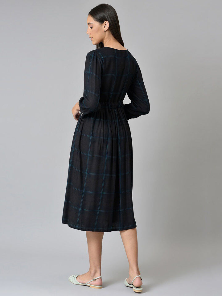 W Black Checked A-Line Midi Dress