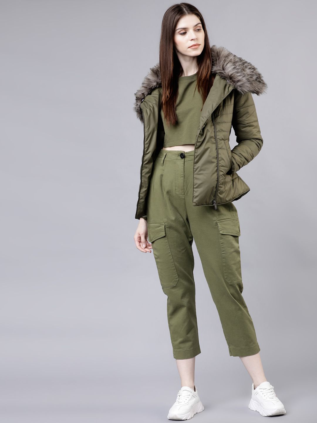 Tokyo Talkies Women Olive Green Solid Puffer Jacket