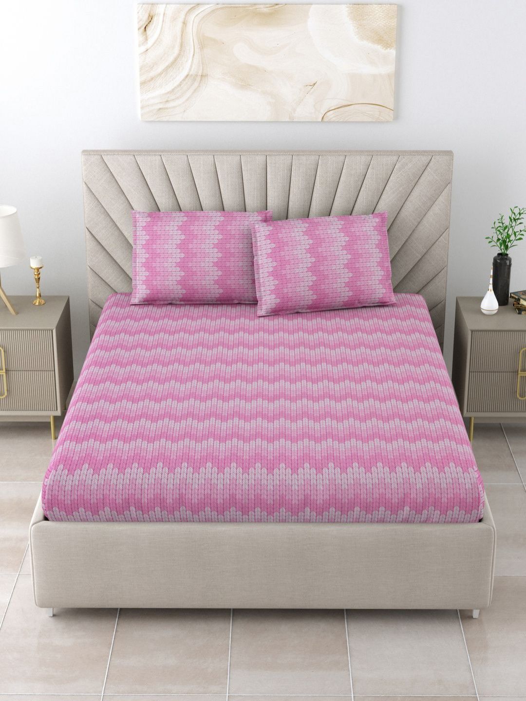 BOMBAY DYEING Florentine Pink Printed Pure Cotton 144 TC Queen Bedsheet Set 2.28 X 2.54 m