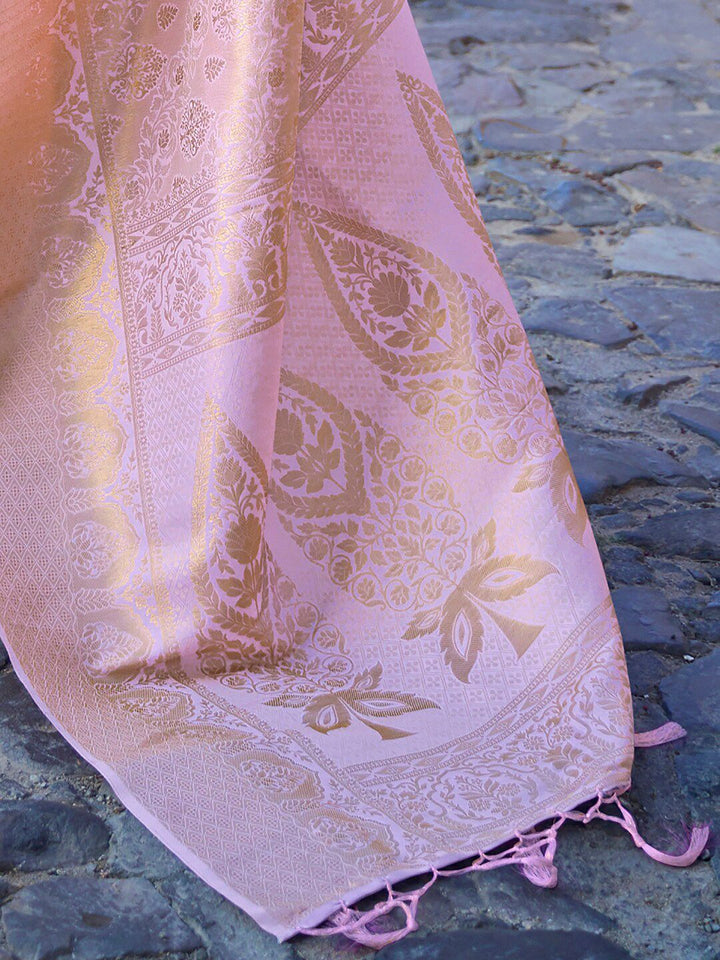 Mitera Lavender & Gold-Toned Woven Design Zari Silk Blend Banarasi Saree
