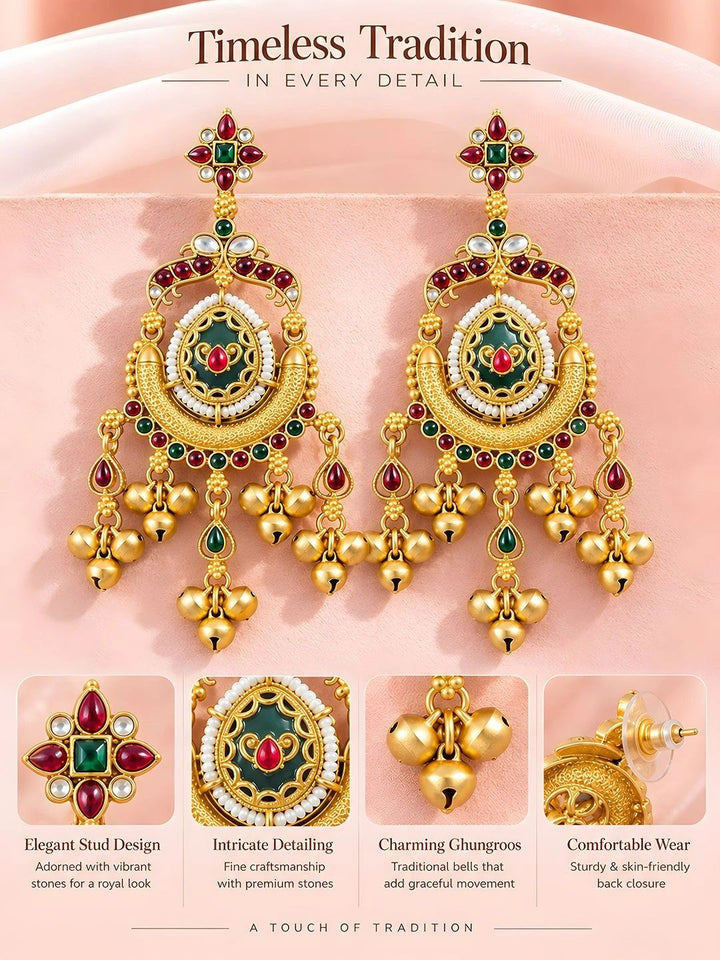 Gold-Toned Multi-Coloured Meenakari Kashmiri Style Kundan Ghungroo Drop Earrings