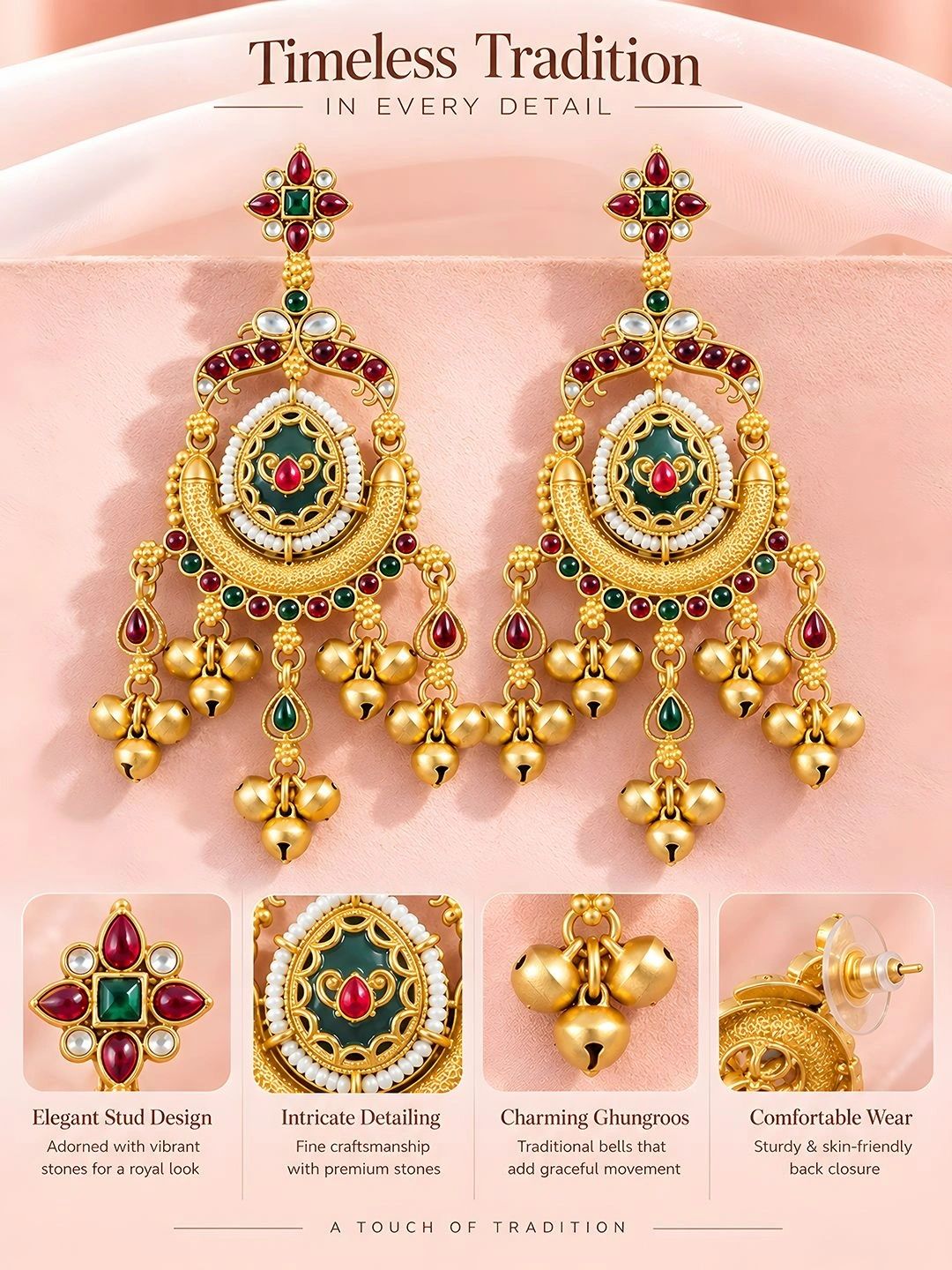 Gold-Toned Multi-Coloured Meenakari Kashmiri Style Kundan Ghungroo Drop Earrings