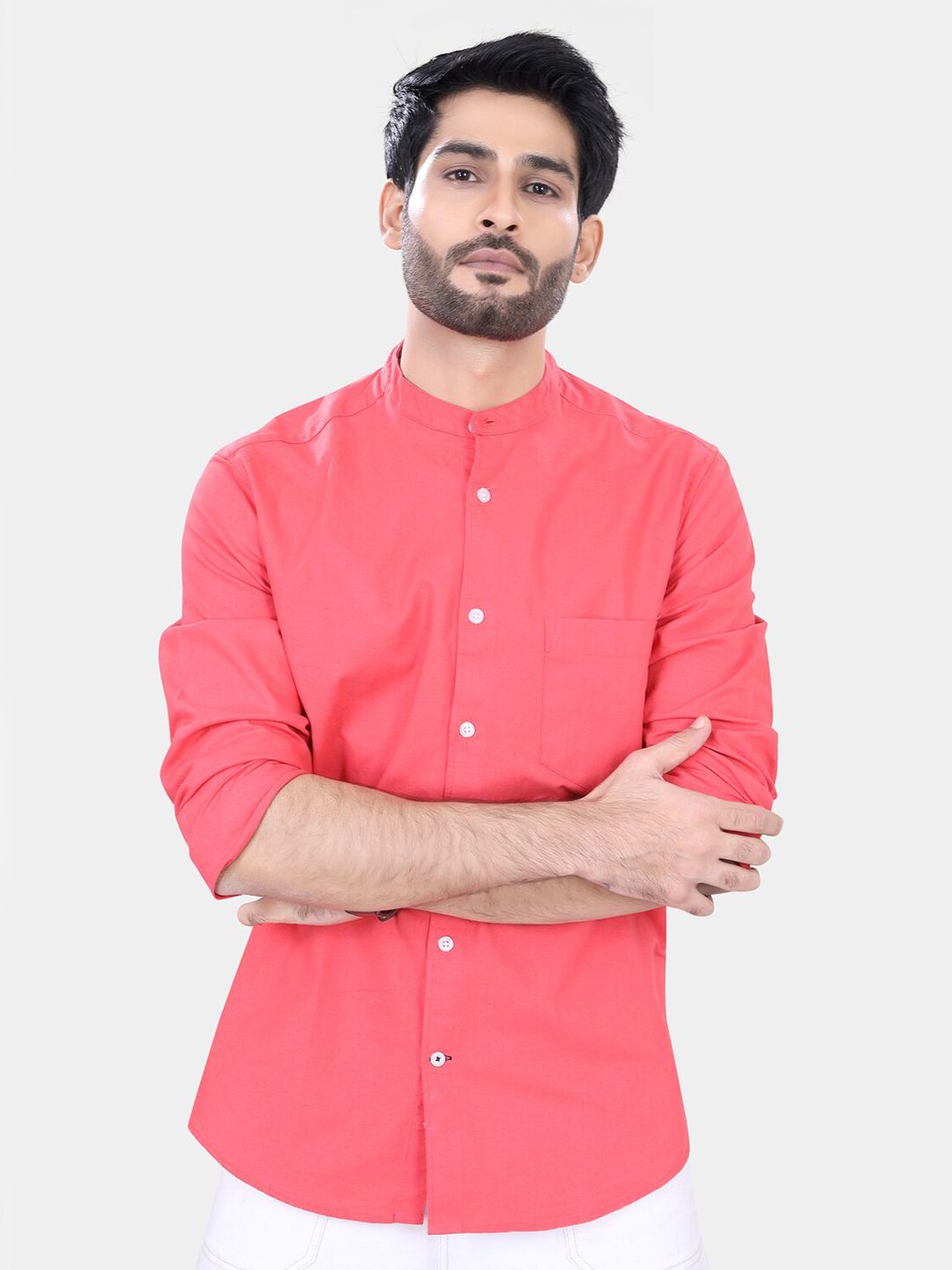 VASTRADO Classic Band Collar Long Sleeves Slim Fit Casual Shirt