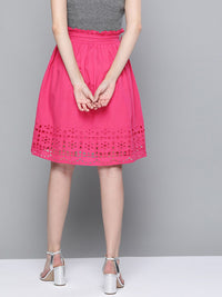 SASSAFRAS Fuchsia Pink Pure Cotton Schiffli Detail Flared Skirt with Belt