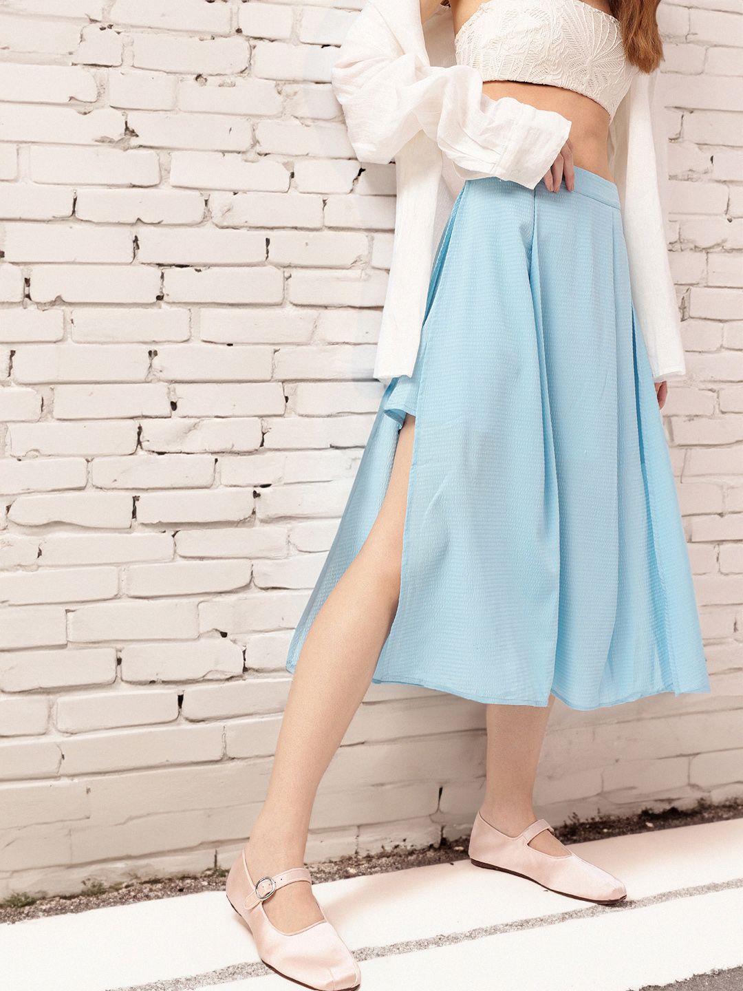 Playful Feminine Seersucker Side Slit A-Line Midi Skirt