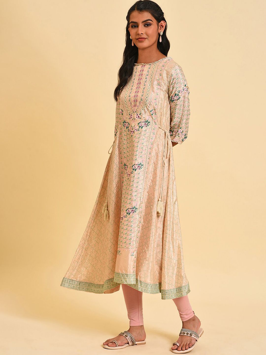 W Floral Printed Boat Neck Asymmetric A-Line Kurta