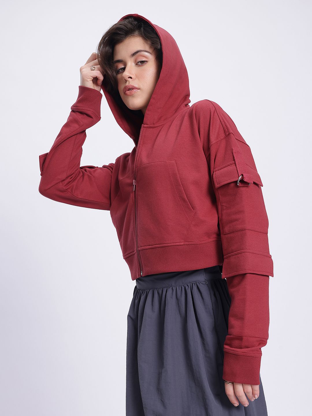 DressBerry Pockets Detail Hooded Crop Sweatshirt