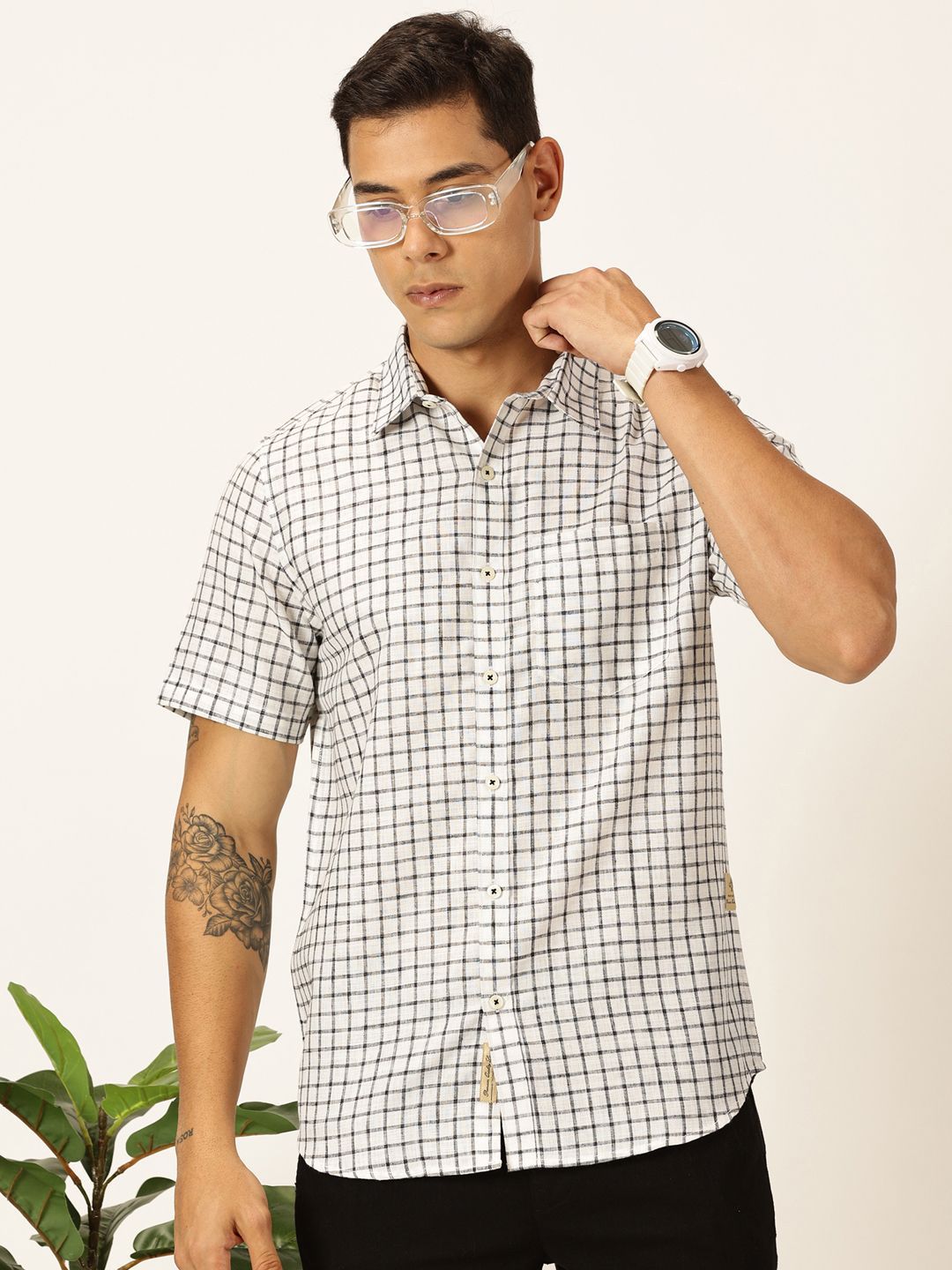 Thomas Scott Men Premium Micro Checks Cotton & Linen Casual Shirt