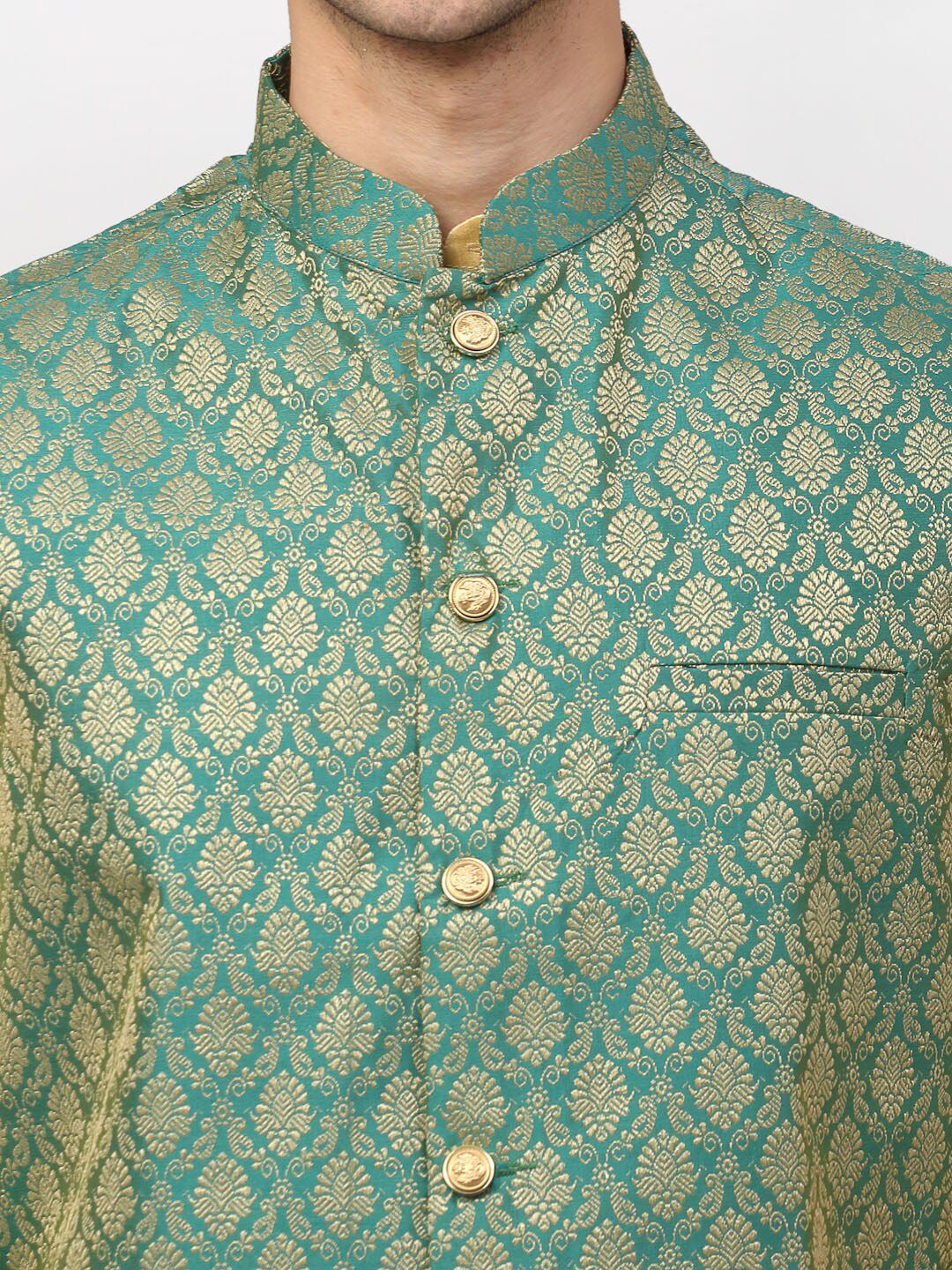 Jompers Men Green & Gold-Coloured Woven-Design Nehru Jacket