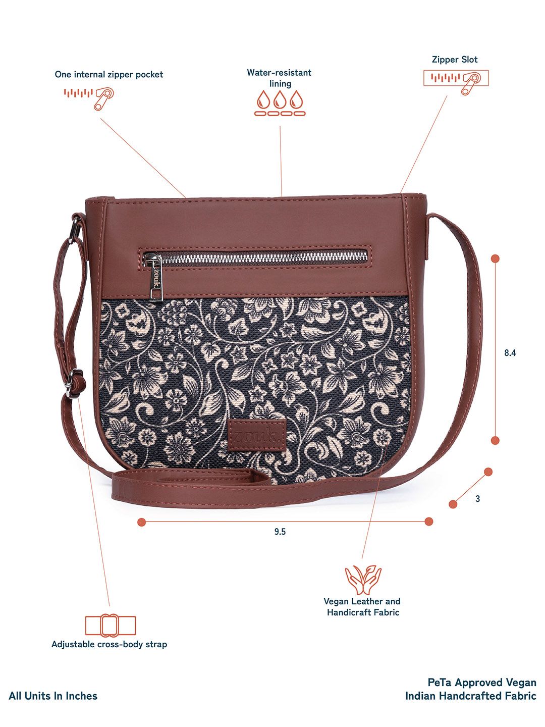 ZOUK Women Black & Brown Floral Printed Structured Sling Bag